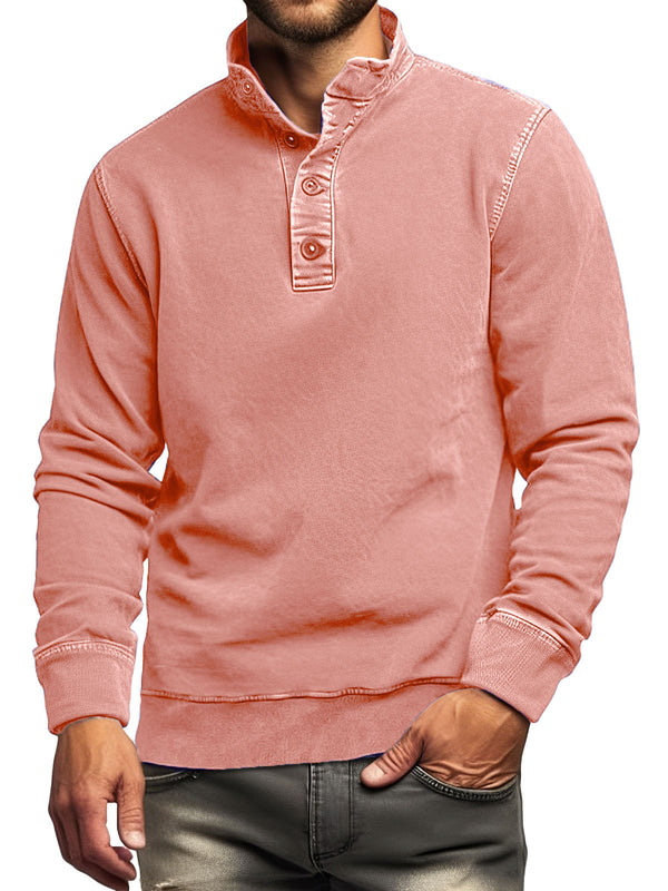 Men's Retro Stand Collar Button Solid Color Sweatshirt