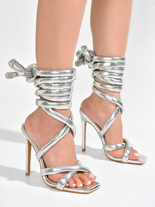 Cross Puffy Strap Heeled Sandals