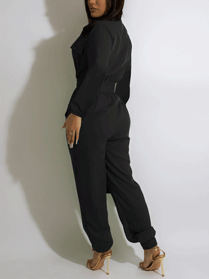 V Neck Long Sleeve Solid Jumpsuit