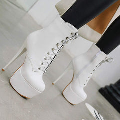 YM & Dancer S59 Women Ankle Boots Short Bootie Platform Stiletto High Heel Round Toe Dress Shoes Lace-up Patent 6.5 Inch