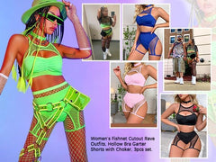 YM & Dancer C03  Women Rave Outfits Cutout Fishnet Top Booty Shorts Bottom Choker 3Pcs Babydoll Nightwear Festival Lingerie