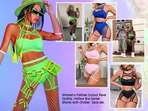 YM & Dancer C03  Women Rave Outfits Cutout Fishnet Top Booty Shorts Bottom Choker 3Pcs Babydoll Nightwear Festival Lingerie