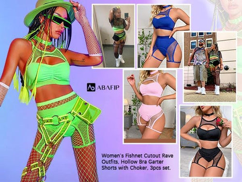 YM & Dancer C03  Women Rave Outfits Cutout Fishnet Top Booty Shorts Bottom Choker 3Pcs Babydoll Nightwear Festival Lingerie