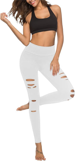 YM & Dancer C224 Womens High Waist Yoga Pants Cutout Ripped Tummy Control Workout Running Yoga Skinny Leggings