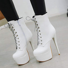 YM & Dancer S59 Women Ankle Boots Short Bootie Platform Stiletto High Heel Round Toe Dress Shoes Lace-up Patent 6.5 Inch