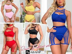 YM & Dancer C03  Women Rave Outfits Cutout Fishnet Top Booty Shorts Bottom Choker 3Pcs Babydoll Nightwear Festival Lingerie