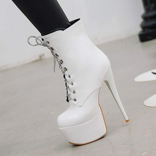 YM & Dancer S59 Women Ankle Boots Short Bootie Platform Stiletto High Heel Round Toe Dress Shoes Lace-up Patent 6.5 Inch