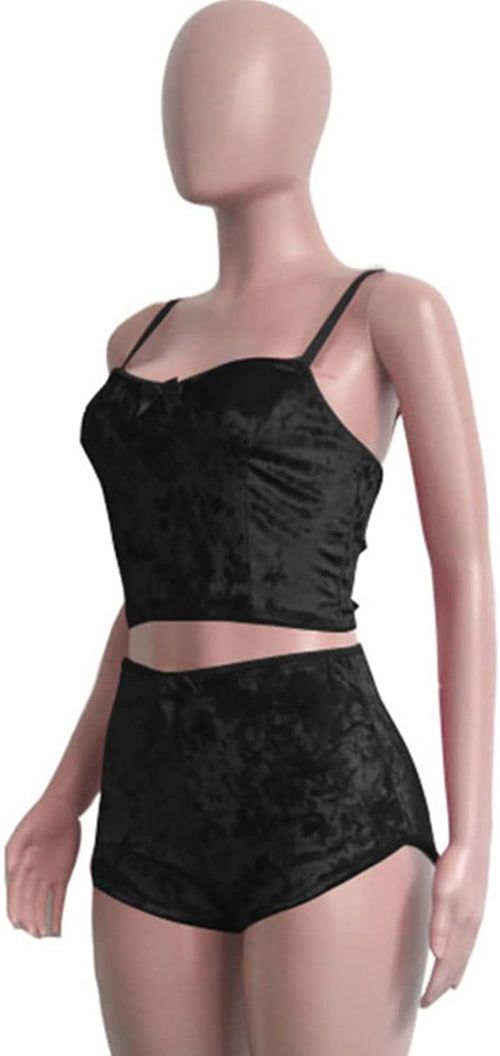 YM & Dancer C45 Women's Velvet 2 Piece Outfit Spaghetti Strap Sleeveless Crop Top+ Shorts Set