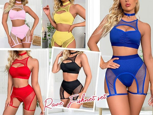 YM & Dancer C03  Women Rave Outfits Cutout Fishnet Top Booty Shorts Bottom Choker 3Pcs Babydoll Nightwear Festival Lingerie