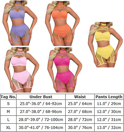 YM & Dancer C03  Women Rave Outfits Cutout Fishnet Top Booty Shorts Bottom Choker 3Pcs Babydoll Nightwear Festival Lingerie