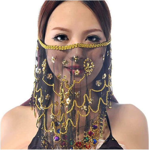 YM & Dancer P40 Face Veils Belly Dance Costumes Mesh Face Veil with Beaded Halloween Costume Accessory