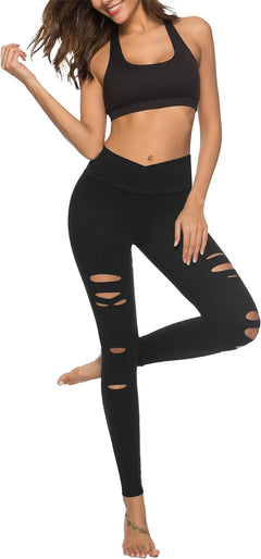 YM & Dancer C224 Womens High Waist Yoga Pants Cutout Ripped Tummy Control Workout Running Yoga Skinny Leggings