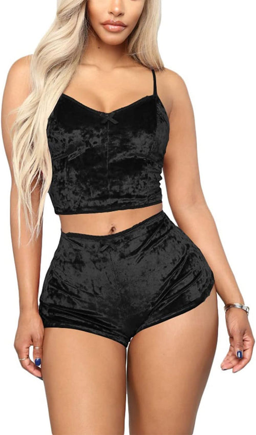 YM & Dancer C45 Women's Velvet 2 Piece Outfit Spaghetti Strap Sleeveless Crop Top+ Shorts Set