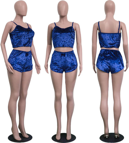 YM & Dancer C45 Women's Velvet 2 Piece Outfit Spaghetti Strap Sleeveless Crop Top+ Shorts Set