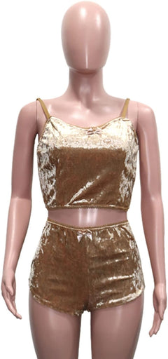 YM & Dancer C45 Women's Velvet 2 Piece Outfit Spaghetti Strap Sleeveless Crop Top+ Shorts Set