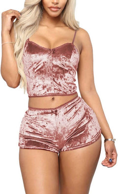 YM & Dancer C45 Women's Velvet 2 Piece Outfit Spaghetti Strap Sleeveless Crop Top+ Shorts Set