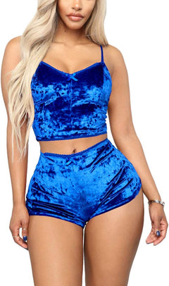 YM & Dancer C45 Women's Velvet 2 Piece Outfit Spaghetti Strap Sleeveless Crop Top+ Shorts Set