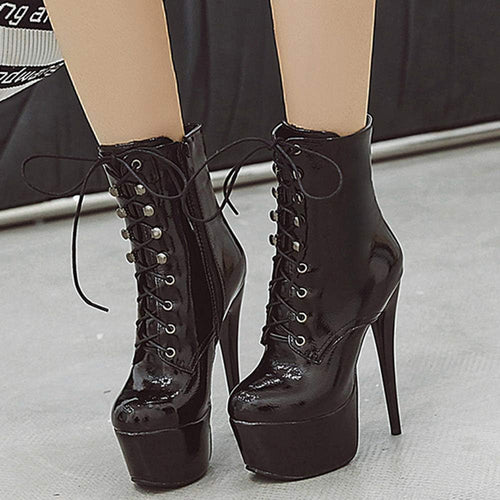 YM & Dancer S59 Women Ankle Boots Short Bootie Platform Stiletto High Heel Round Toe Dress Shoes Lace-up Patent 6.5 Inch