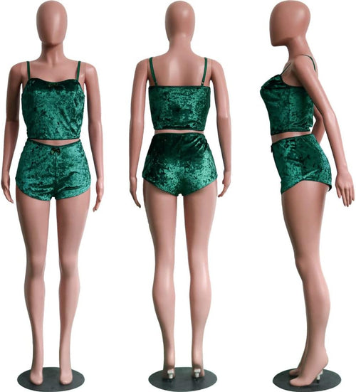 YM & Dancer C45 Women's Velvet 2 Piece Outfit Spaghetti Strap Sleeveless Crop Top+ Shorts Set