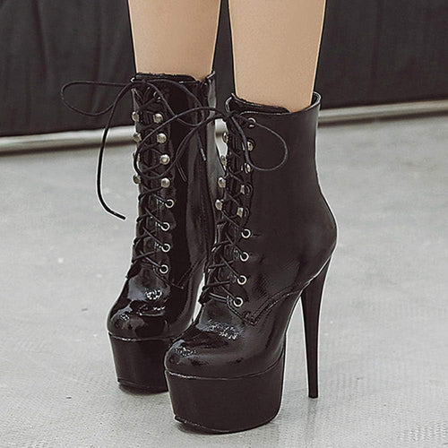 YM & Dancer S59 Women Ankle Boots Short Bootie Platform Stiletto High Heel Round Toe Dress Shoes Lace-up Patent 6.5 Inch