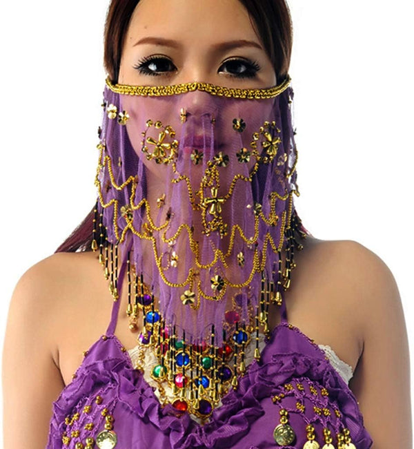 YM & Dancer P40 Face Veils Belly Dance Costumes Mesh Face Veil with Beaded Halloween Costume Accessory