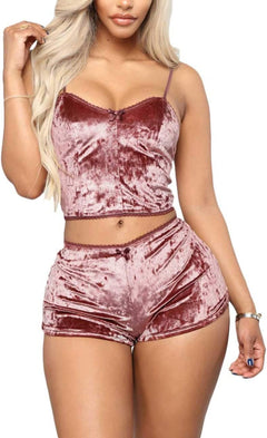 YM & Dancer C45 Women's Velvet 2 Piece Outfit Spaghetti Strap Sleeveless Crop Top+ Shorts Set