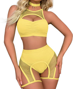 YM & Dancer C03  Women Rave Outfits Cutout Fishnet Top Booty Shorts Bottom Choker 3Pcs Babydoll Nightwear Festival Lingerie