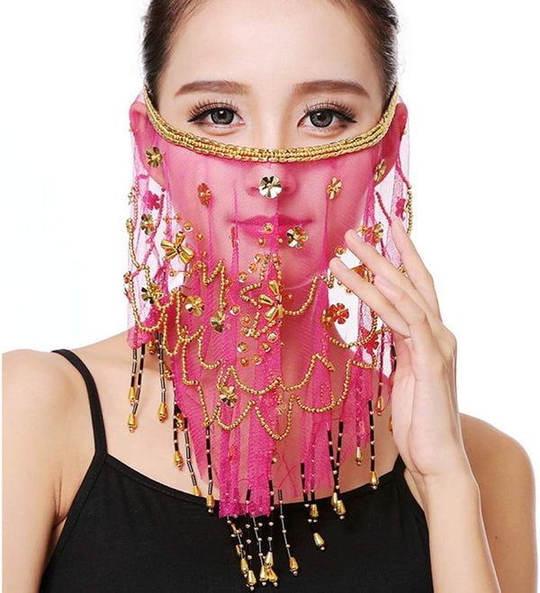 YM & Dancer P40 Face Veils Belly Dance Costumes Mesh Face Veil with Beaded Halloween Costume Accessory