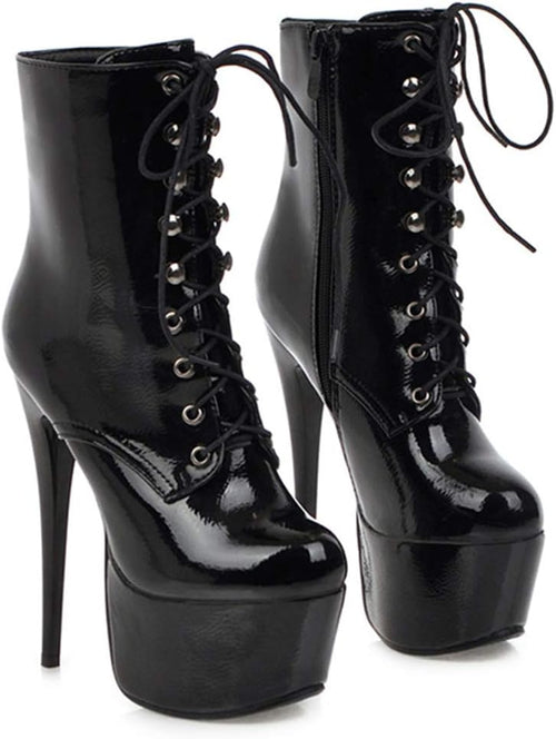 YM & Dancer S59 Women Ankle Boots Short Bootie Platform Stiletto High Heel Round Toe Dress Shoes Lace-up Patent 6.5 Inch