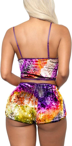 YM & Dancer C45 Women's Velvet 2 Piece Outfit Spaghetti Strap Sleeveless Crop Top+ Shorts Set