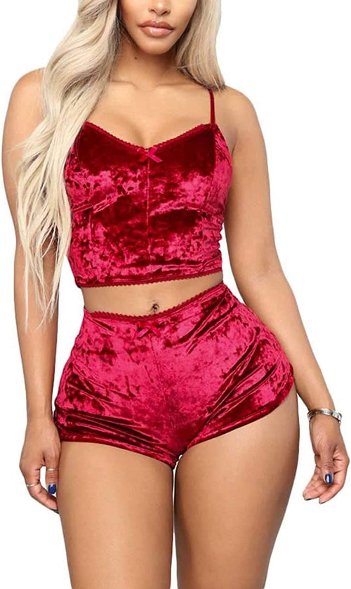 YM & Dancer C45 Women's Velvet 2 Piece Outfit Spaghetti Strap Sleeveless Crop Top+ Shorts Set