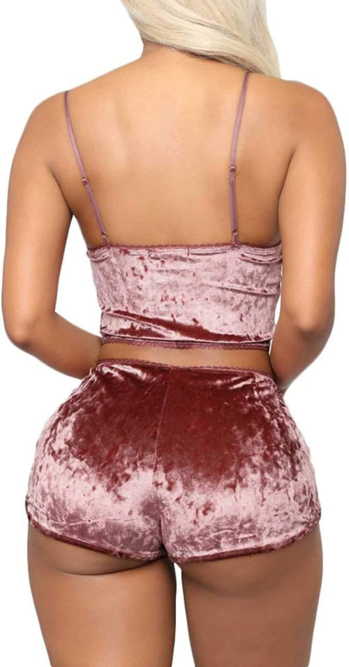 YM & Dancer C45 Women's Velvet 2 Piece Outfit Spaghetti Strap Sleeveless Crop Top+ Shorts Set