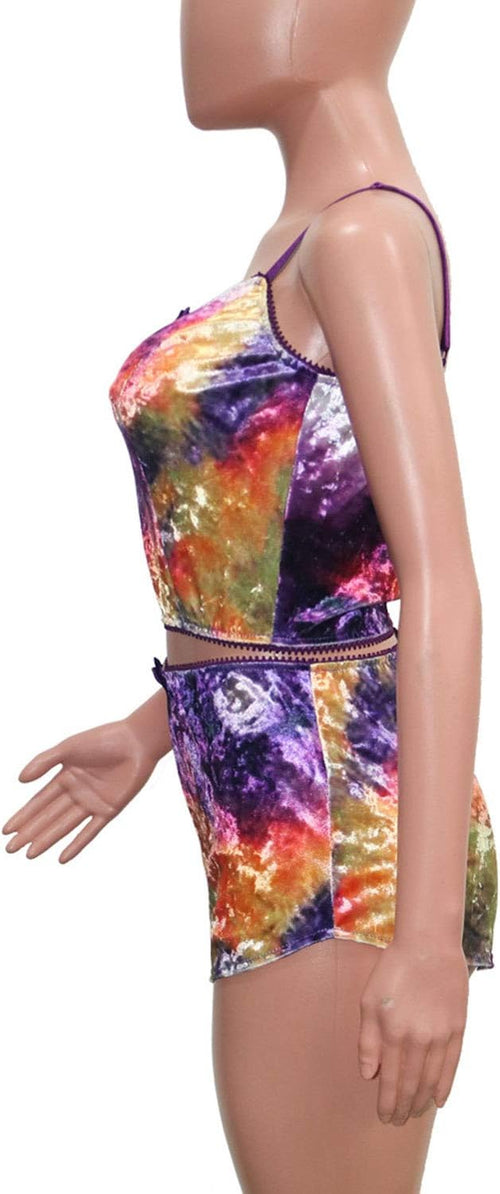 YM & Dancer C45 Women's Velvet 2 Piece Outfit Spaghetti Strap Sleeveless Crop Top+ Shorts Set