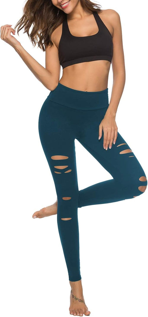 YM & Dancer C224 Womens High Waist Yoga Pants Cutout Ripped Tummy Control Workout Running Yoga Skinny Leggings