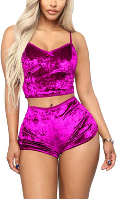 YM & Dancer C45 Women's Velvet 2 Piece Outfit Spaghetti Strap Sleeveless Crop Top+ Shorts Set