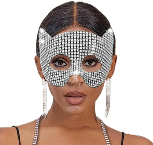 YM & Dancer P30 Cat Ear Mask Sparkle Rainstone Mask Face Decoration Masquerade Masks Mardi Gras Halloween Party for Women and Girl