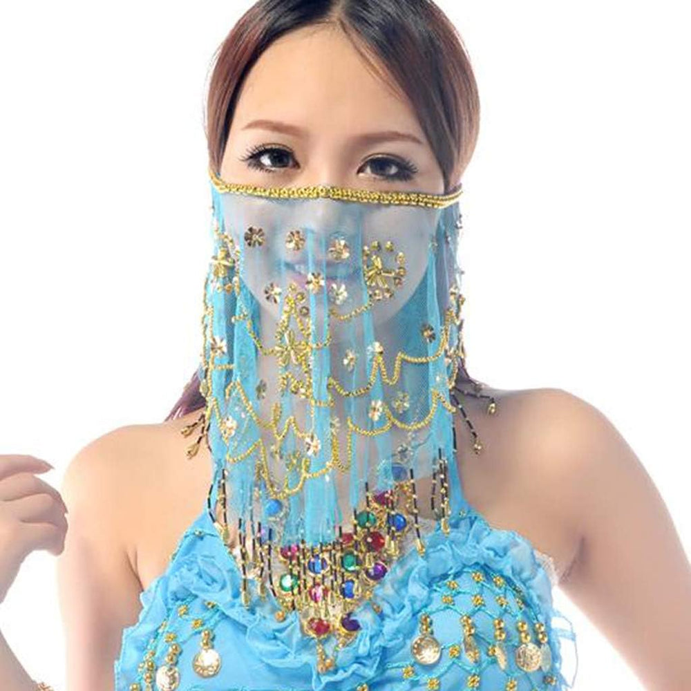 YM & Dancer P40 Face Veils Belly Dance Costumes Mesh Face Veil with Beaded Halloween Costume Accessory