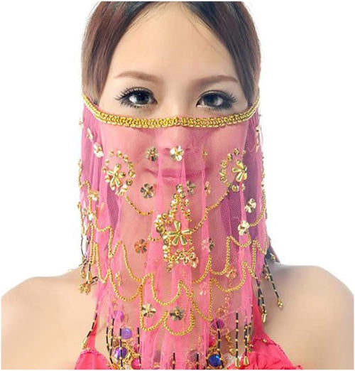 YM & Dancer P40 Face Veils Belly Dance Costumes Mesh Face Veil with Beaded Halloween Costume Accessory