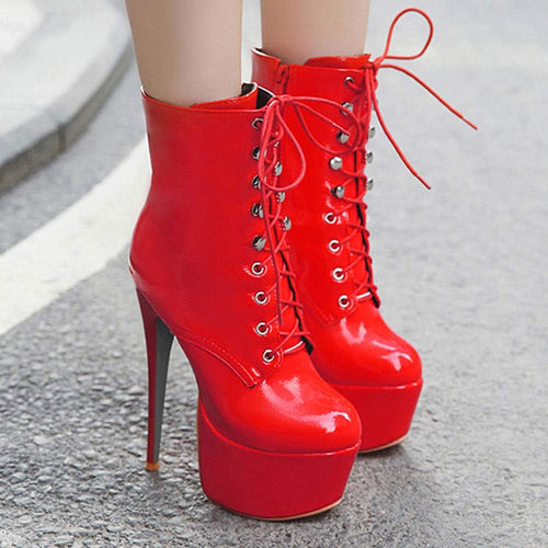 YM & Dancer S59 Women Ankle Boots Short Bootie Platform Stiletto High Heel Round Toe Dress Shoes Lace-up Patent 6.5 Inch