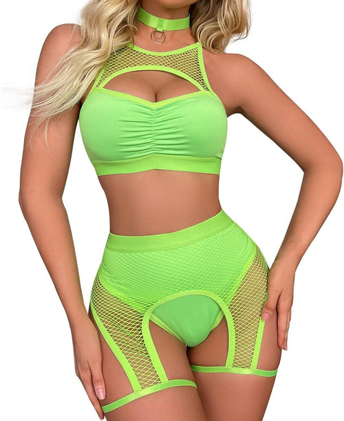 YM & Dancer C03  Women Rave Outfits Cutout Fishnet Top Booty Shorts Bottom Choker 3Pcs Babydoll Nightwear Festival Lingerie