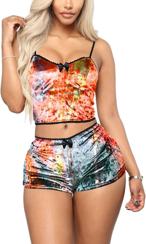 YM & Dancer C45 Women's Velvet 2 Piece Outfit Spaghetti Strap Sleeveless Crop Top+ Shorts Set