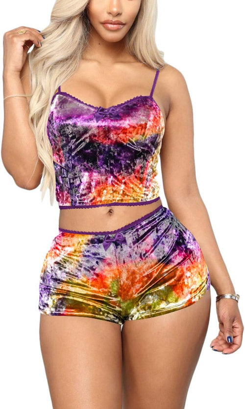 YM & Dancer C45 Women's Velvet 2 Piece Outfit Spaghetti Strap Sleeveless Crop Top+ Shorts Set