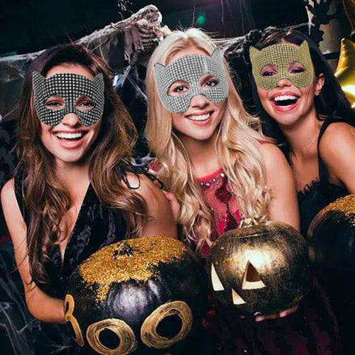 YM & Dancer P30 Cat Ear Mask Sparkle Rainstone Mask Face Decoration Masquerade Masks Mardi Gras Halloween Party for Women and Girl