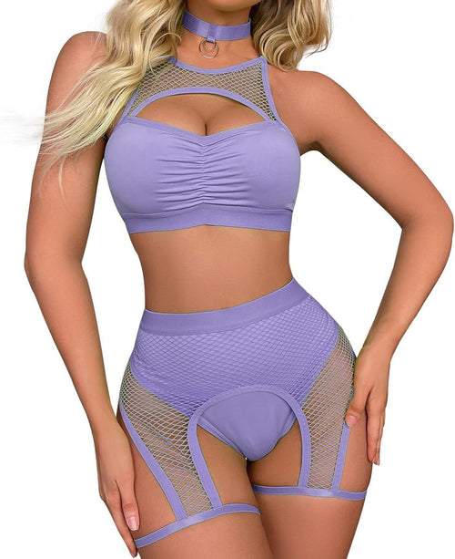 YM & Dancer C03  Women Rave Outfits Cutout Fishnet Top Booty Shorts Bottom Choker 3Pcs Babydoll Nightwear Festival Lingerie