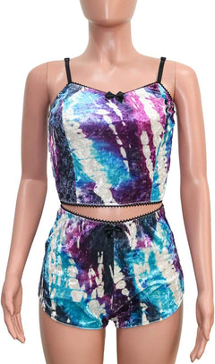 YM & Dancer C45 Women's Velvet 2 Piece Outfit Spaghetti Strap Sleeveless Crop Top+ Shorts Set