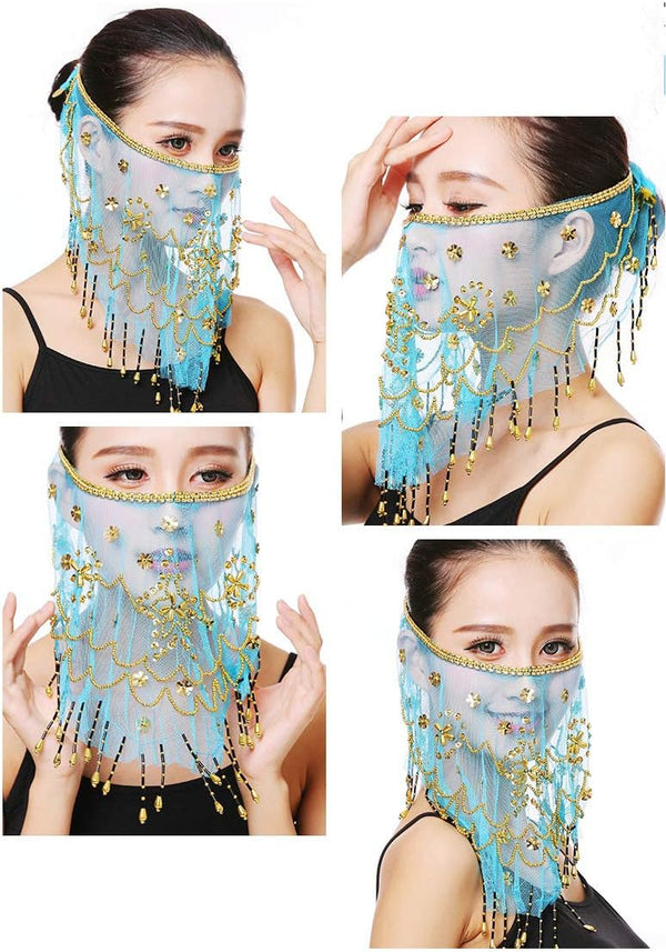 YM & Dancer P40 Face Veils Belly Dance Costumes Mesh Face Veil with Beaded Halloween Costume Accessory