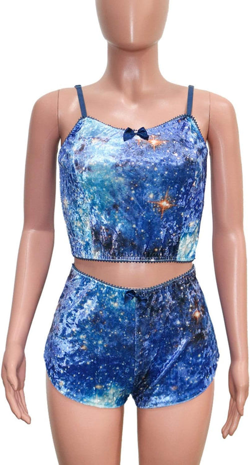 YM & Dancer C45 Women's Velvet 2 Piece Outfit Spaghetti Strap Sleeveless Crop Top+ Shorts Set