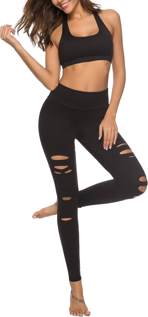 YM & Dancer C224 Womens High Waist Yoga Pants Cutout Ripped Tummy Control Workout Running Yoga Skinny Leggings