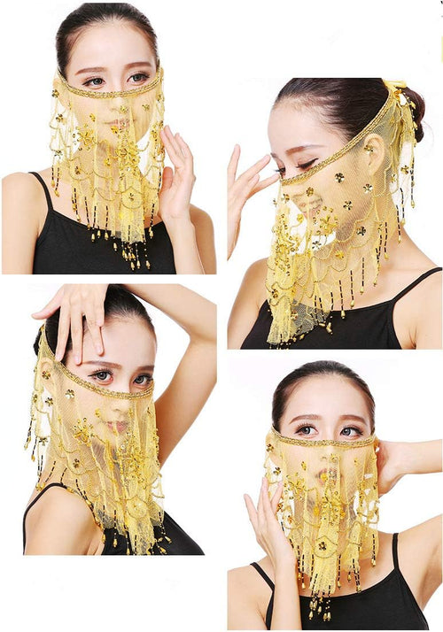 YM & Dancer P40 Face Veils Belly Dance Costumes Mesh Face Veil with Beaded Halloween Costume Accessory