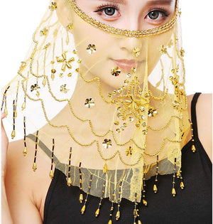 YM & Dancer P40 Face Veils Belly Dance Costumes Mesh Face Veil with Beaded Halloween Costume Accessory